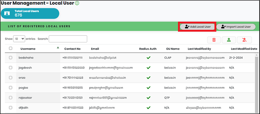 List of Registered Local Users view - CyLock